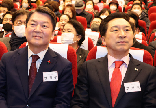 15일 국회에서 열린 서울시 양천구 해누리타운에서 열린 국민의힘 서울 양천갑 당원대회에서 당대표에 출마한 김기현 의원(오른쪽)과 안철수 의원이 자리에 앉아 있다.  연합뉴스